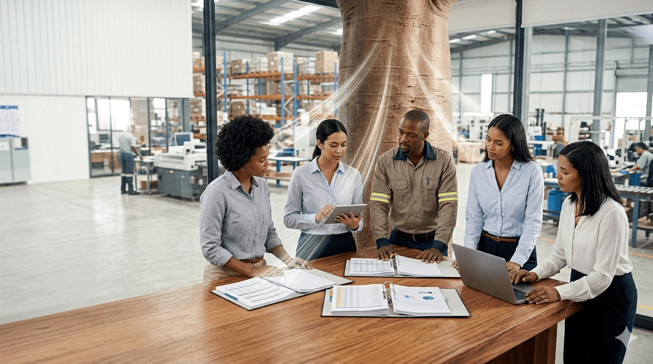 Team collaborating with documents, laptops, and tablets in a modern workspace